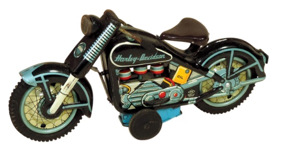 Harley-Davidson Toy Motorcycle, tin litho friction drive w/moving pistons b