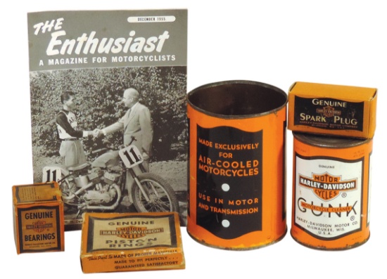 Harley-Davidson Miscellany (6), tin litho oil & gunk cleaner cans, 3 paper