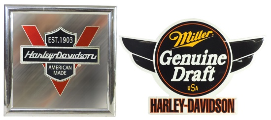Signs, Harley-Davidson mirror w/reverse painted & silver glue-chip logo & d