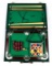 Toy Table Top Billiards, table on legs, 2 cues & balls w/hinged carry case