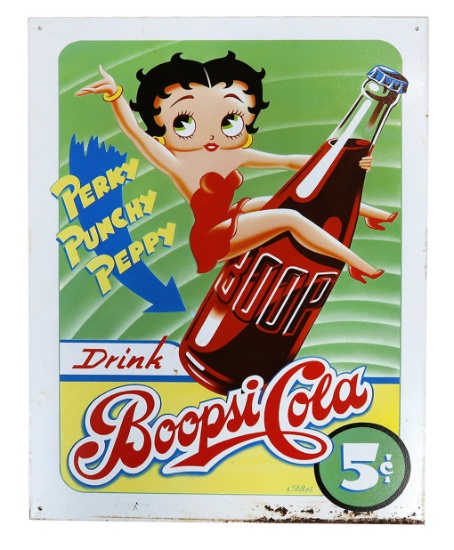Boopsi Cola Nostalgic Sign, Tin Litho with Betty Boop, Good+ cond, 16"H x 1