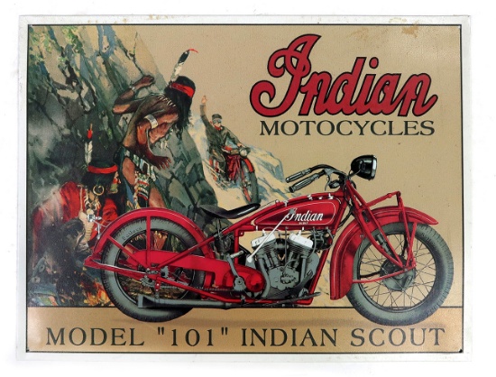 Indian Motorcycles Sign, Tin Litho w/great image, Exc cond, 12"H x 18"W.