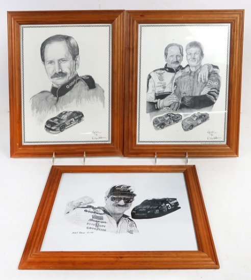 Dale Earnhardt prints (3), original sketches by Dale Adkins, in matching ma