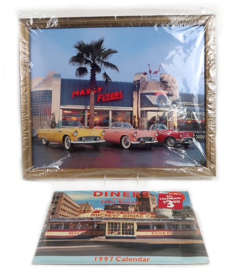Automotive Garage Decor (2), Framed twilight diner scene w/Corvettes & 199