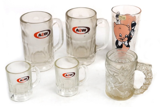 Drive In & Character Glasses (6), 4 A&W Rootbeer mugs, Porky Pig tumbler fo