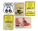 Nostalgic Garage Signs (4), Tin Litho incl embossed die-cut, mostly new in