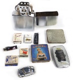 Cigarette Lighters and tins (11), incl. Oversized, Nascar & novelty, Good+
