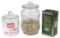 Country Store Nut Jars & Tin (3), embossed glass Planters w/molded nuts, re