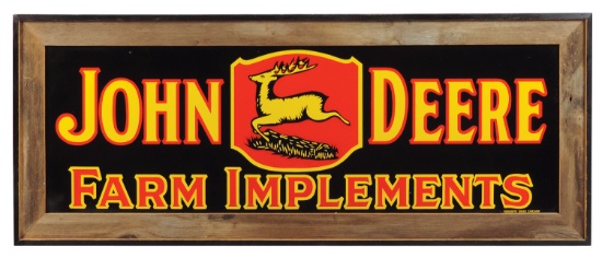 John Deere Farm Implements Sign w/2-legged leaping deer, very colorful tin,