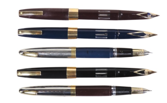 Fountain Pens (5), all Sheaffer White Dot, 3 compact cartridges w/14k inlai