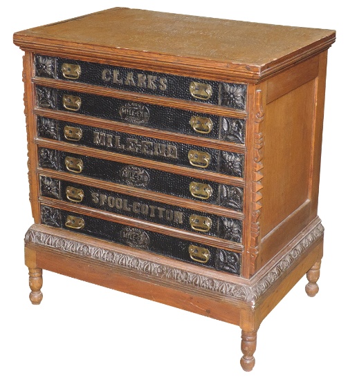 Spool Cabinet, Clark's Mile-End, oak 6-drawer on 4 legs, embossed lettering &