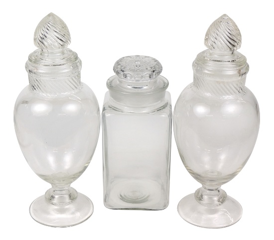 Candy Store Glass Show Jars (3), two Columbia urns w/swirl lids & square ba