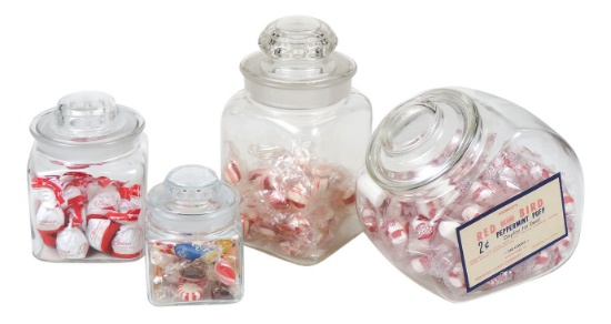 Candy Store Glass Show Jars (4), three graduated square w/ground covers & s