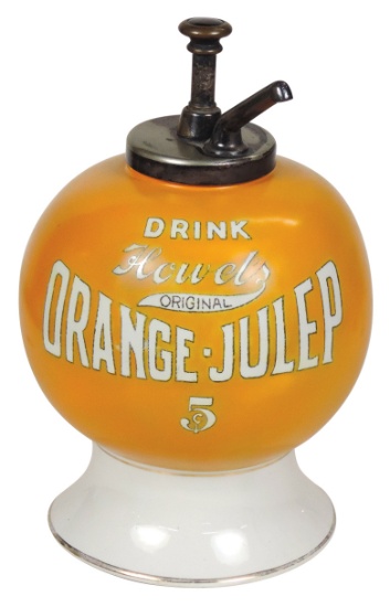 Soda Fountain Howel's Orange-Julep Syrup Dispenser, porcelain w/orig pump,