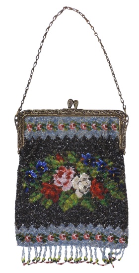 Ladies Purse, French micro beaded w/roses & cast silvered metal frame, Exc