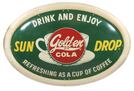 Soda Fountain Sun Drop Gold-en Girl Cola Sign, large self-framed metal oval