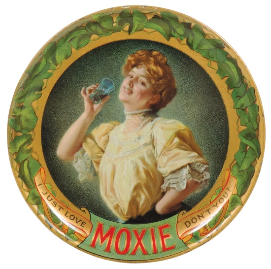 Moxie Tip Tray, litho on tin w/The Moxie Girl drinking a glass of her favor