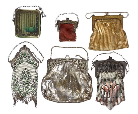 Ladies Purses & Compact (6), three enameled mesh, incl Mandalian Mfg. Co. i