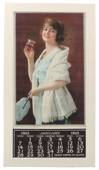 Coca-Cola Calendar, c.1923 w/full pad, pretty girl in Ermine wrap, "Thirst