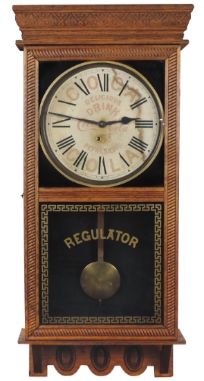 Coca-Cola Clock, oak wall regulator w/orig Coca-Cola dial, mfgd by Ingraham