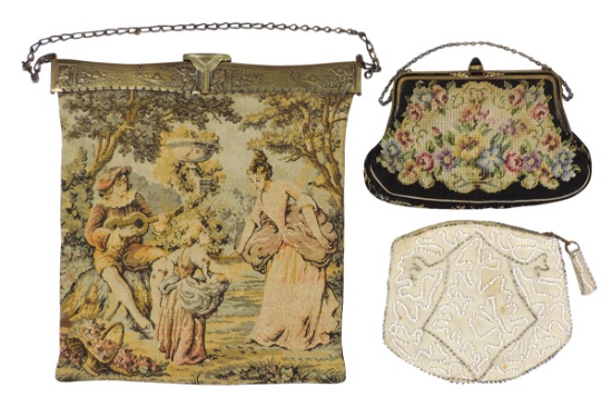 Ladies Purses (3), large tapestry woven bag of courting couple & scenic emb