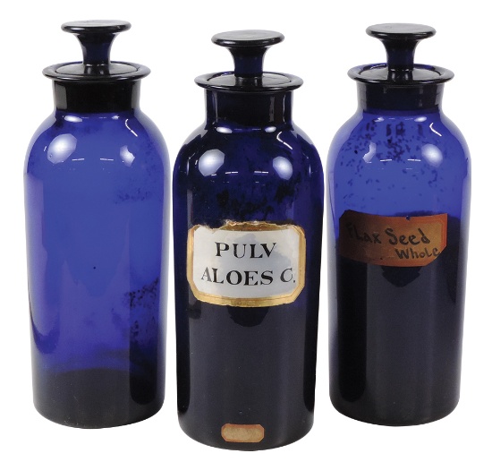 Apothecary Bottles (3), matching wide mouth cobalt blue w/stoppers, 1 w/LUG