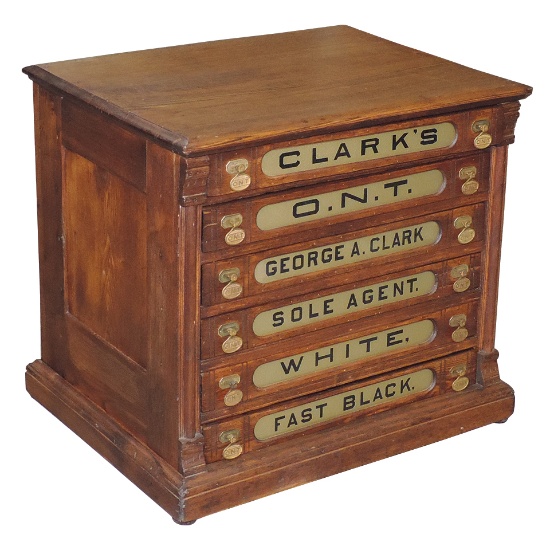 Spool Cabinet, Clark's O.N.T. oak 6-drawer w/glass & reverse painted