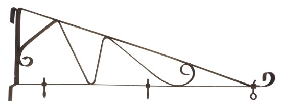 Country Store Sign Hanger, wrought iron wall-mount w/scrolled design, c.193