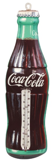 Coca-Cola Thermometer, bottle shaped embossed metal, mfgd by Robertson, Exc