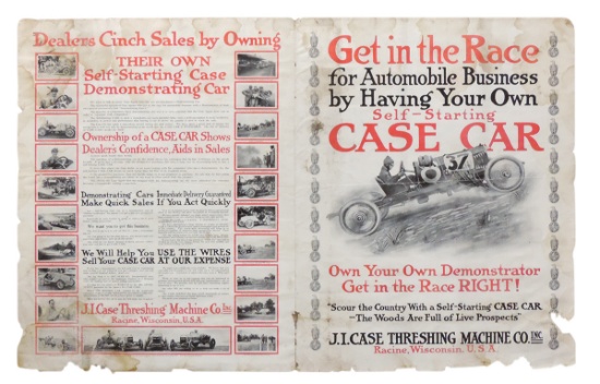 J. I. Case Race Car Sales Poster, dbl-sided litho for self-starting car