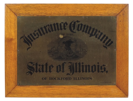 Insurance Co. Sign, "State of Illinois" by C.W. Shonk, litho on brass, moun