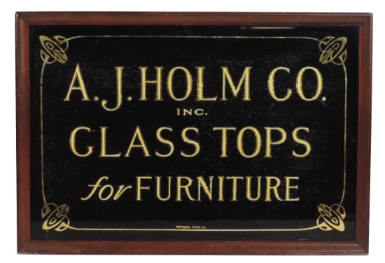 Furniture Store Sign, A.J. Holm Co., "Glass Tops" by Walther Sign Co., reve