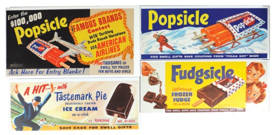 Soda Fountain Signs (4), (2) Popsicle, Fudgsicle & Tastemark Pie on a Stick