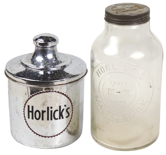 Soda Fountain Horlick's Containers (2), embossed glass jar & chrome plated