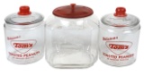 Country Store Counter Jars (3), two enameled glass Tom's Toasted Peanuts &