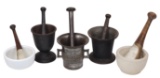 Apothecary Mortar & Pestles (5), three cast iron, one embossed Durch Krieg