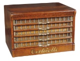 Spool Cabinet, Corticelli Silk, oak w/5 glass front drawers w/orig fitted d