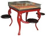 Soda Fountain Seated Display Table, cast iron w/swing-out seats, square gla