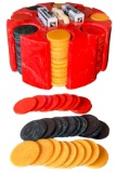 Gambling Chips in Case, Catalin poker chips in red Catalin holder, approx 2