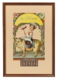 Meat Market Calendar, 1911 litho on cdbd diecut of young boy riding pig for