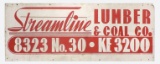 Wood Sign, Streamline Lumber & Coal Co., paint on board, VG cond, 18
