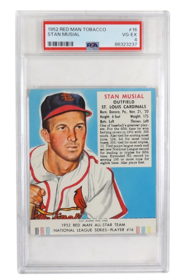 Baseball Card, Stan Musial-Outfield St. Louis Cardinals, 1952 Red Man Tobac