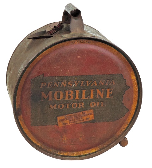 Petroliana Penn Mobiline Oil Rocker Can, pressed steel w/2 handles by Sincl