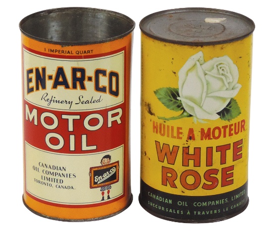 Petroliana Oil Cans (2), White Rose & En-Ar-Co , 1 qt litho on tin in VG co