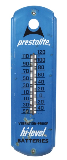 Automobilia Prestolite Thermometer, diecut steel, Good+ working cond, 27"H.