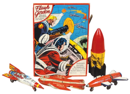 Toy Space Items (5), 1951 Flash Gordon puzzle in sleeve, rocket ship shaker