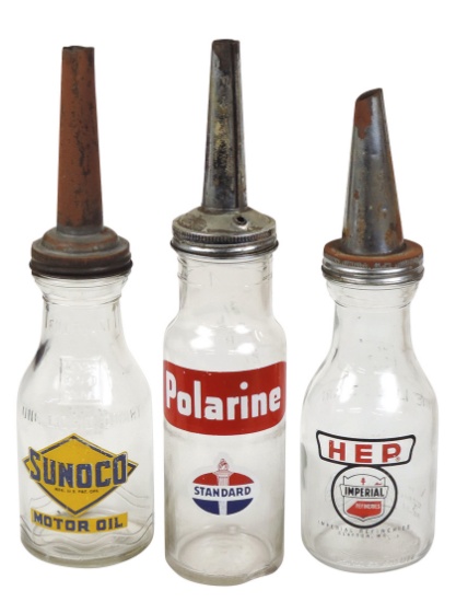 Petroliana Oil Bottles (3), all w/enameled labels for Sunoco, Imperial-HEP