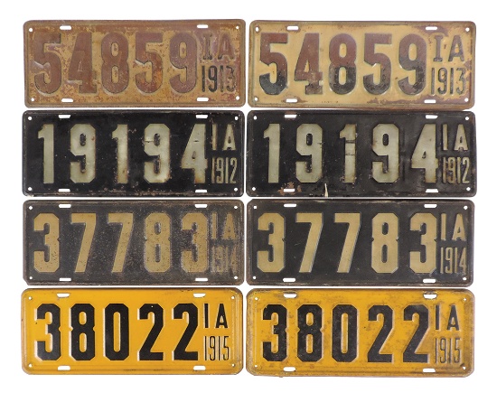 License Plates (8), 4 Iowa sets for 1912-1915, embossed metal, Good to VG co