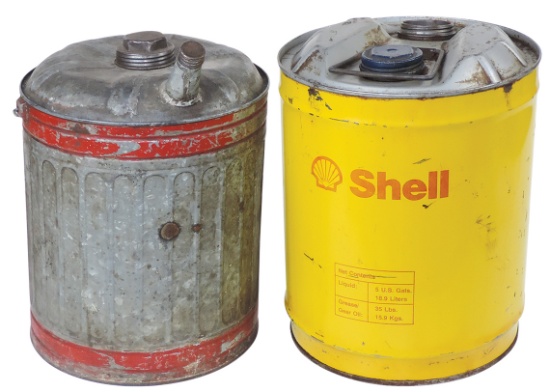 Petroliana 5 Gal Oil Cans (2), litho on tin Shell & early embossed galvaniz