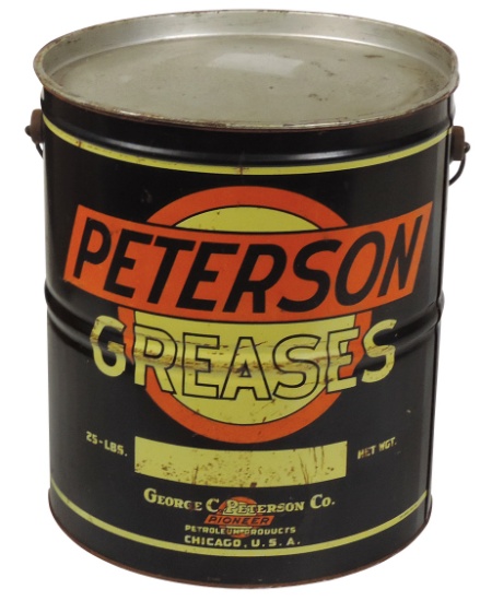 Petroliana Grease Can, Peterson 25 lb litho on tin w/bail handle, VG cond w